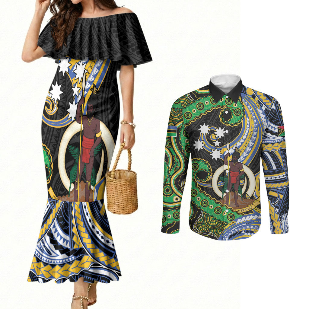South Sea Islanders And Vanuatu Couples Matching Mermaid Dress and Long Sleeve Button Shirt Boar Tusk Warrior Southern Tribal Pattern