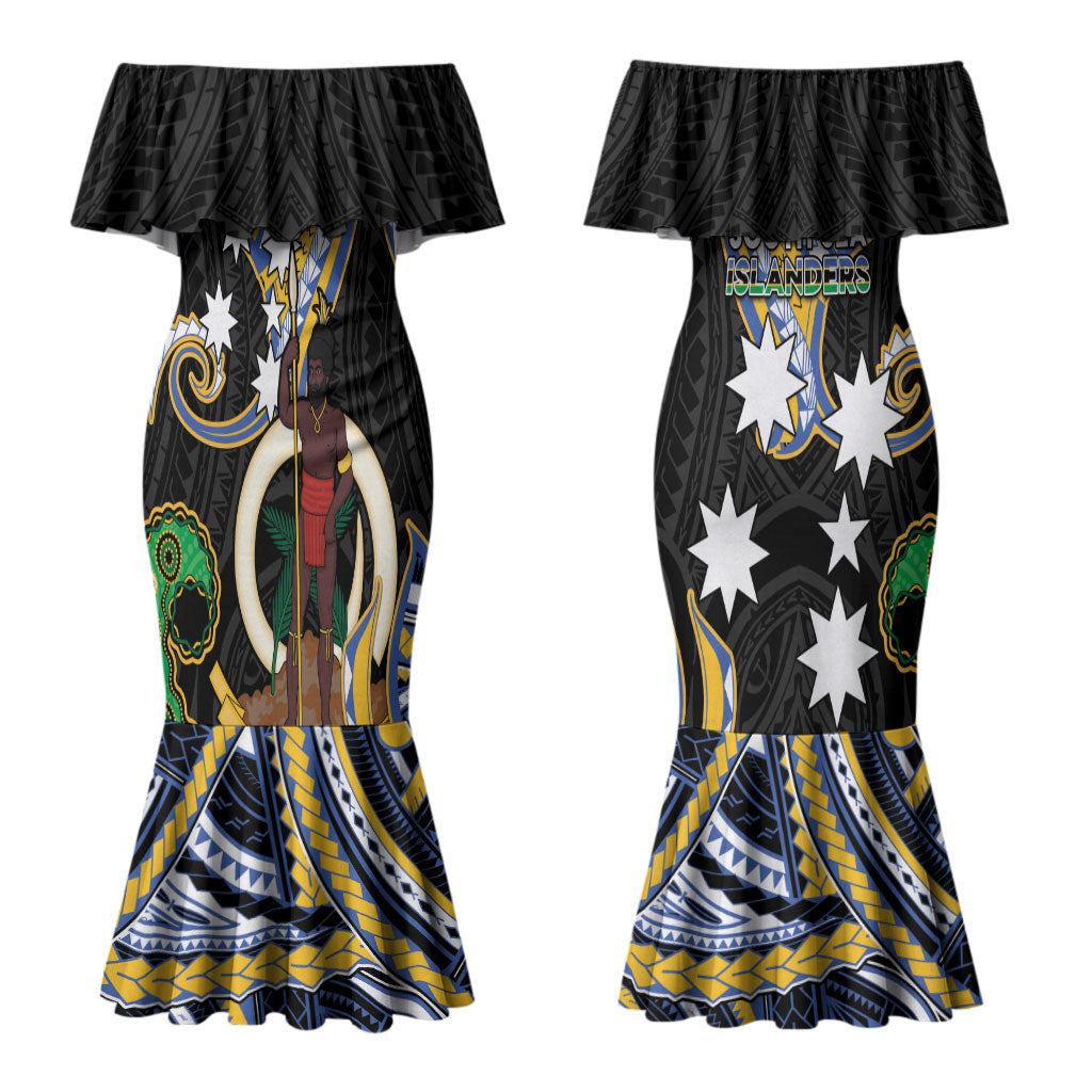 South Sea Islanders And Vanuatu Couples Matching Mermaid Dress and Long Sleeve Button Shirt Boar Tusk Warrior Southern Tribal Pattern