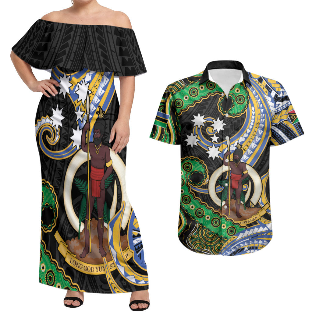 South Sea Islanders And Vanuatu Couples Matching Off Shoulder Maxi Dress and Hawaiian Shirt Boar Tusk Warrior Southern Tribal Pattern
