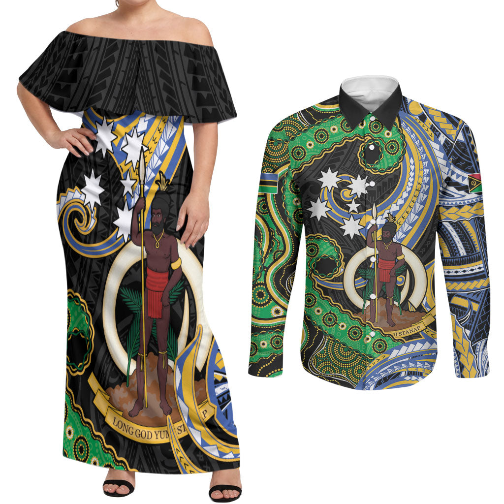 South Sea Islanders And Vanuatu Couples Matching Off Shoulder Maxi Dress and Long Sleeve Button Shirt Boar Tusk Warrior Southern Tribal Pattern