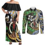 South Sea Islanders And Vanuatu Couples Matching Off Shoulder Maxi Dress and Long Sleeve Button Shirt Boar Tusk Warrior Southern Tribal Pattern