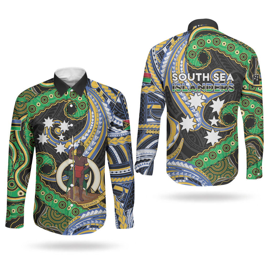 South Sea Islanders And Vanuatu Couples Matching Off Shoulder Maxi Dress and Long Sleeve Button Shirt Boar Tusk Warrior Southern Tribal Pattern