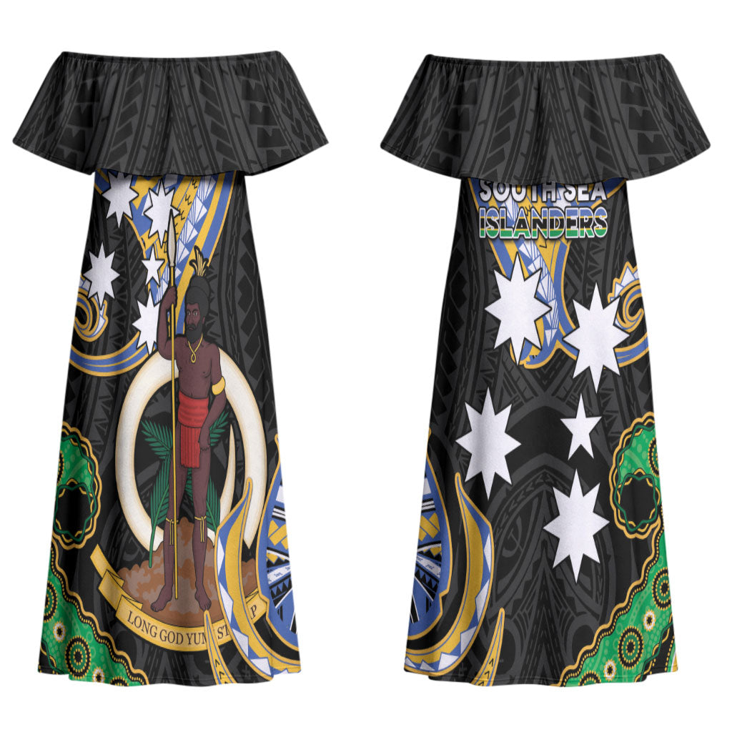South Sea Islanders And Vanuatu Couples Matching Off Shoulder Maxi Dress and Long Sleeve Button Shirt Boar Tusk Warrior Southern Tribal Pattern