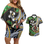 South Sea Islanders And Vanuatu Couples Matching Off Shoulder Short Dress and Hawaiian Shirt Boar Tusk Warrior Southern Tribal Pattern