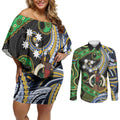 South Sea Islanders And Vanuatu Couples Matching Off Shoulder Short Dress and Long Sleeve Button Shirt Boar Tusk Warrior Southern Tribal Pattern