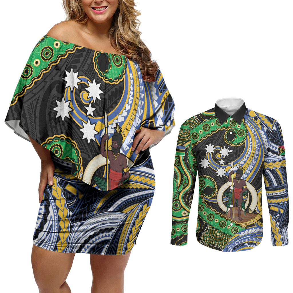 South Sea Islanders And Vanuatu Couples Matching Off Shoulder Short Dress and Long Sleeve Button Shirt Boar Tusk Warrior Southern Tribal Pattern