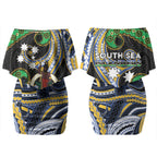 South Sea Islanders And Vanuatu Couples Matching Off Shoulder Short Dress and Long Sleeve Button Shirt Boar Tusk Warrior Southern Tribal Pattern