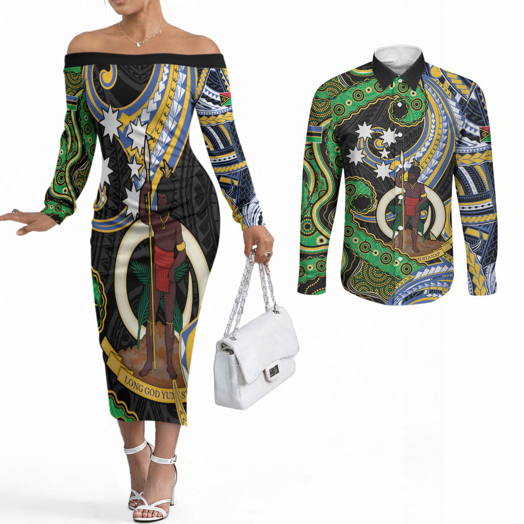 South Sea Islanders And Vanuatu Couples Matching Off The Shoulder Long Sleeve Dress and Long Sleeve Button Shirt Boar Tusk Warrior Southern Tribal Pattern