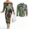 South Sea Islanders And Vanuatu Couples Matching Off The Shoulder Long Sleeve Dress and Long Sleeve Button Shirt Boar Tusk Warrior Southern Tribal Pattern