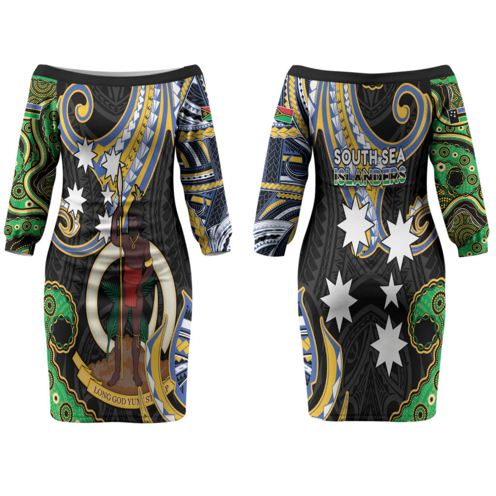 South Sea Islanders And Vanuatu Couples Matching Off The Shoulder Long Sleeve Dress and Long Sleeve Button Shirt Boar Tusk Warrior Southern Tribal Pattern