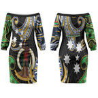 South Sea Islanders And Vanuatu Couples Matching Off The Shoulder Long Sleeve Dress and Long Sleeve Button Shirt Boar Tusk Warrior Southern Tribal Pattern