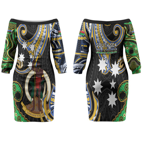 South Sea Islanders And Vanuatu Couples Matching Off The Shoulder Long Sleeve Dress and Long Sleeve Button Shirt Boar Tusk Warrior Southern Tribal Pattern