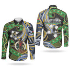 South Sea Islanders And Vanuatu Couples Matching Puletasi and Long Sleeve Button Shirt Boar Tusk Warrior Southern Tribal Pattern
