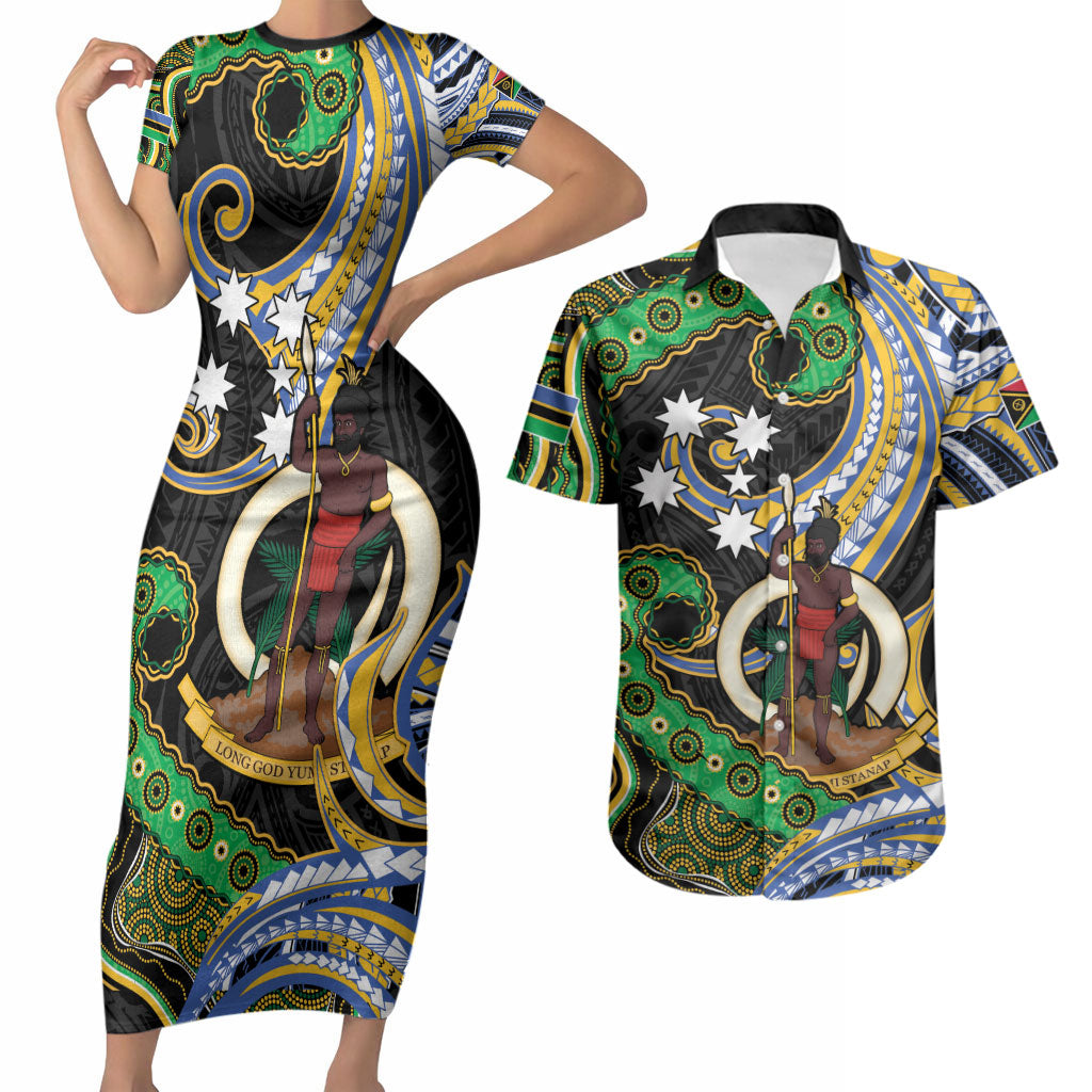 South Sea Islanders And Vanuatu Couples Matching Short Sleeve Bodycon Dress and Hawaiian Shirt Boar Tusk Warrior Southern Tribal Pattern