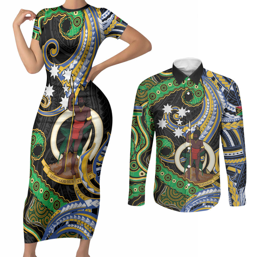South Sea Islanders And Vanuatu Couples Matching Short Sleeve Bodycon Dress and Long Sleeve Button Shirt Boar Tusk Warrior Southern Tribal Pattern