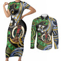 South Sea Islanders And Vanuatu Couples Matching Short Sleeve Bodycon Dress and Long Sleeve Button Shirt Boar Tusk Warrior Southern Tribal Pattern