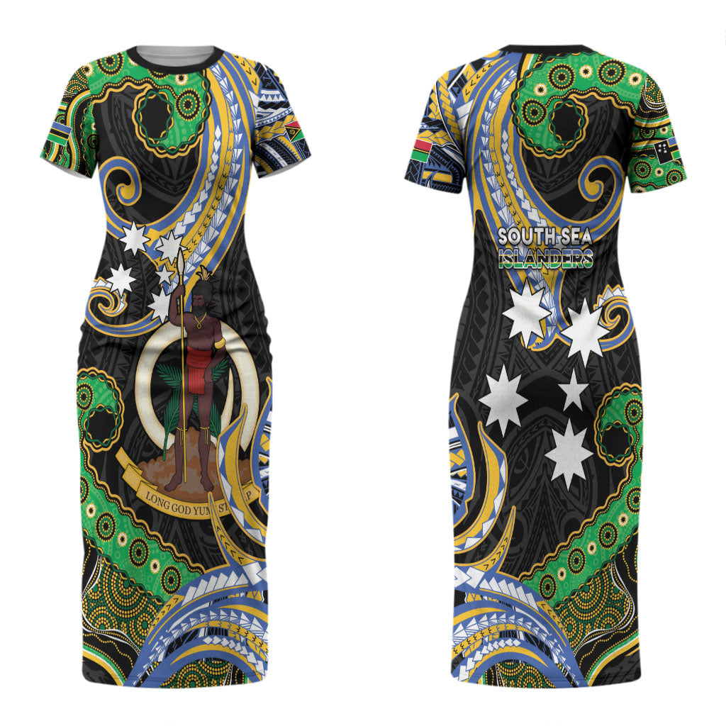 South Sea Islanders And Vanuatu Couples Matching Short Sleeve Bodycon Dress and Long Sleeve Button Shirt Boar Tusk Warrior Southern Tribal Pattern