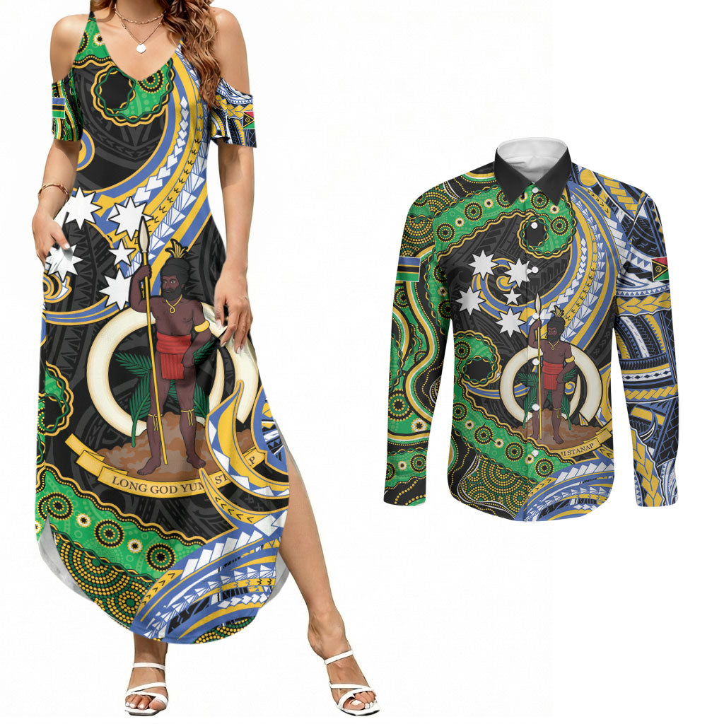 South Sea Islanders And Vanuatu Couples Matching Summer Maxi Dress and Long Sleeve Button Shirt Boar Tusk Warrior Southern Tribal Pattern