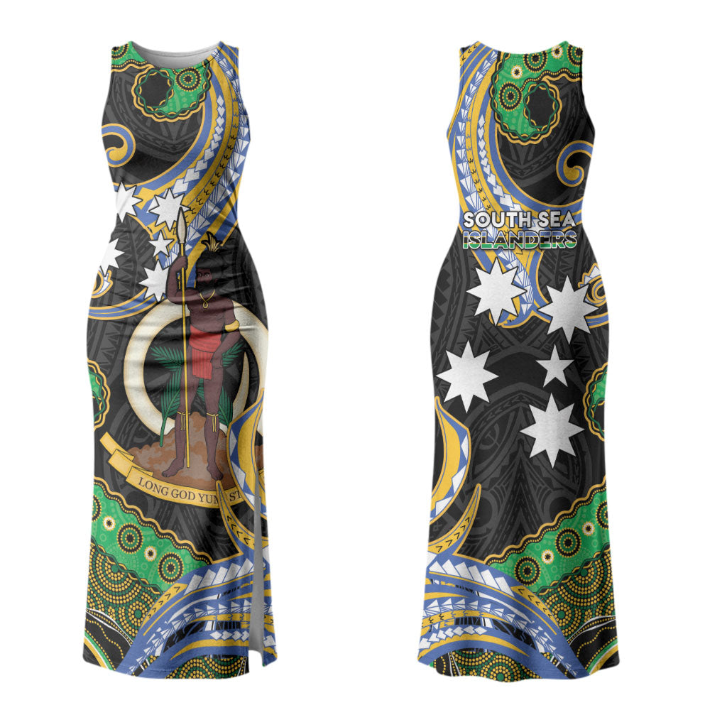 South Sea Islanders And Vanuatu Couples Matching Tank Maxi Dress and Hawaiian Shirt Boar Tusk Warrior Southern Tribal Pattern