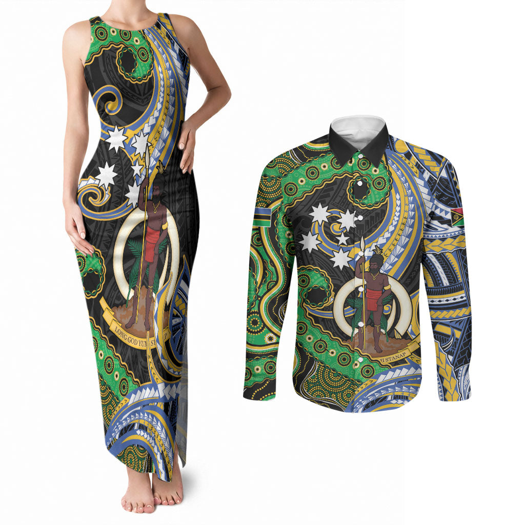 South Sea Islanders And Vanuatu Couples Matching Tank Maxi Dress and Long Sleeve Button Shirt Boar Tusk Warrior Southern Tribal Pattern