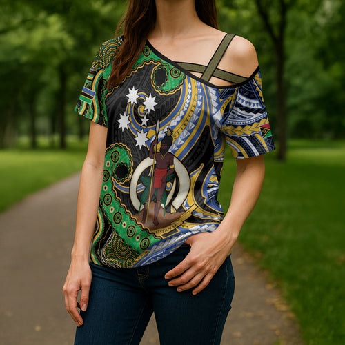 South Sea Islanders And Vanuatu Cross Shoulder Shirt Boar Tusk Warrior Southern Tribal Pattern