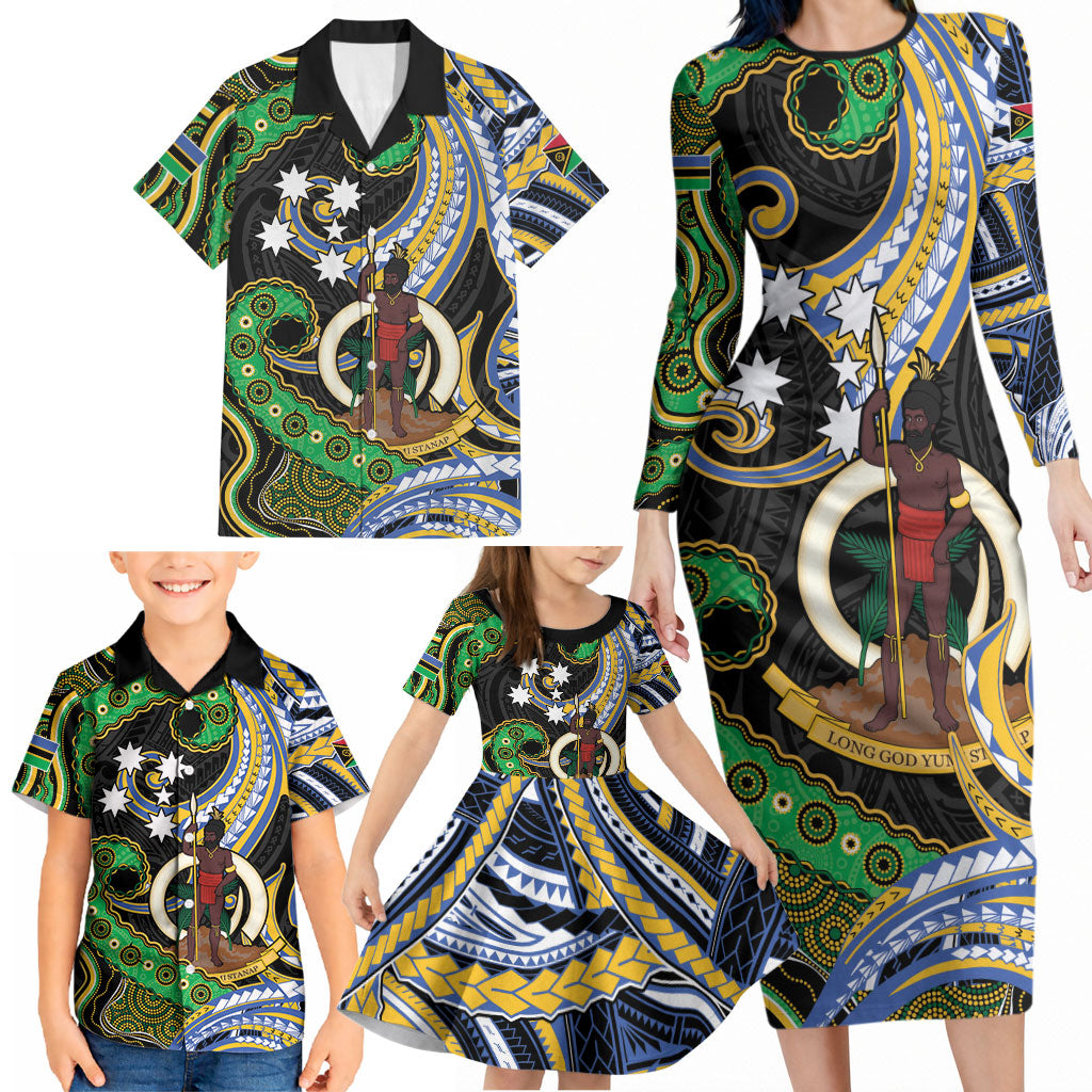 South Sea Islanders And Vanuatu Family Matching Long Sleeve Bodycon Dress and Hawaiian Shirt Boar Tusk Warrior Southern Tribal Pattern