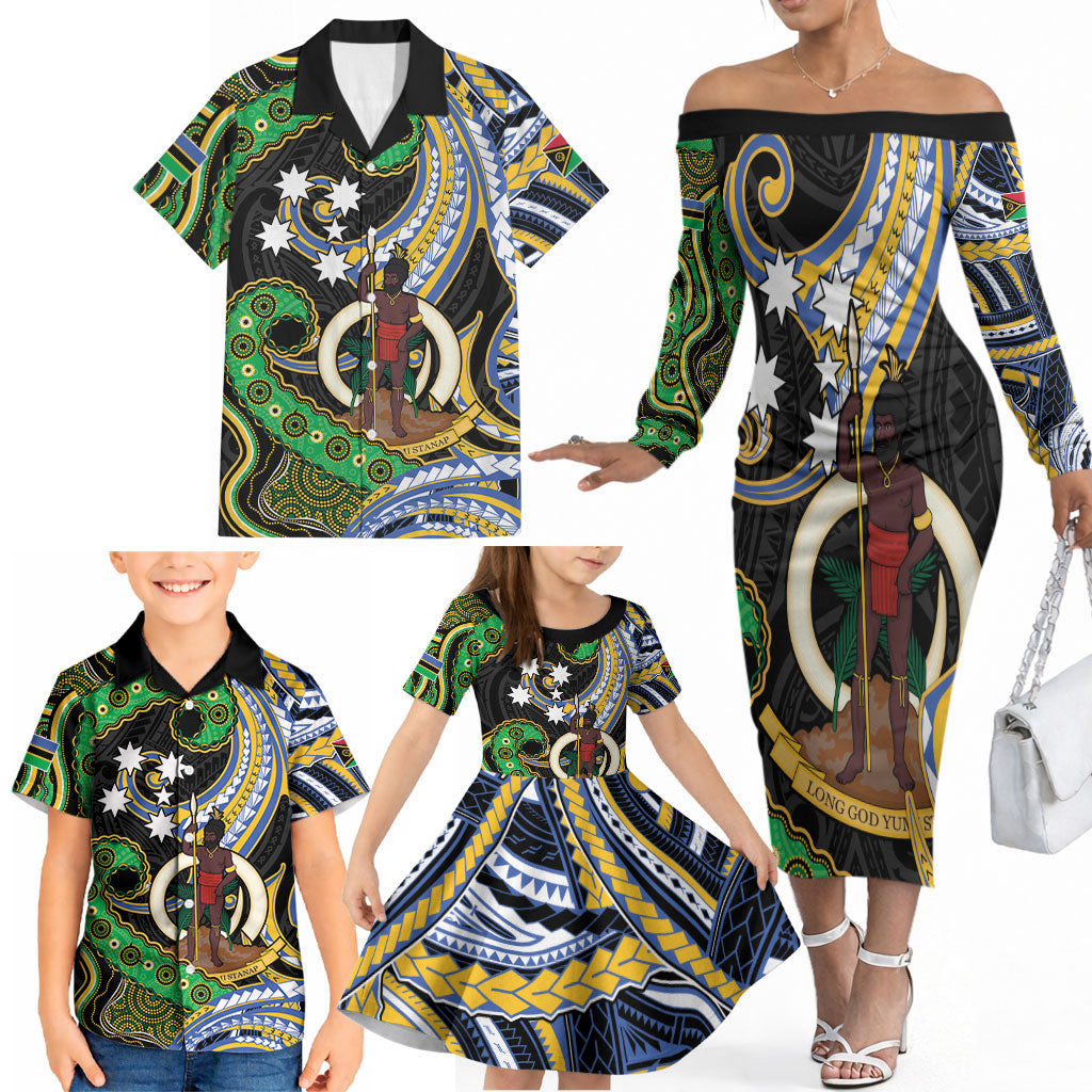 South Sea Islanders And Vanuatu Family Matching Off The Shoulder Long Sleeve Dress and Hawaiian Shirt Boar Tusk Warrior Southern Tribal Pattern