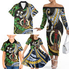 South Sea Islanders And Vanuatu Family Matching Off The Shoulder Long Sleeve Dress and Hawaiian Shirt Boar Tusk Warrior Southern Tribal Pattern