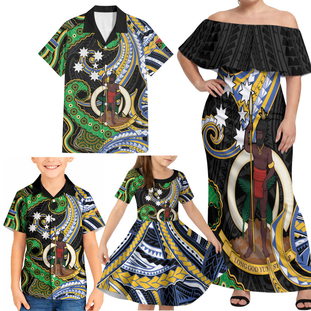 South Sea Islanders And Vanuatu Family Matching Off Shoulder Maxi Dress and Hawaiian Shirt Boar Tusk Warrior Southern Tribal Pattern