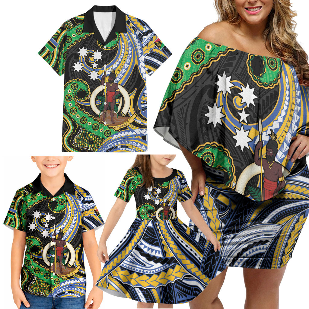 South Sea Islanders And Vanuatu Family Matching Off Shoulder Short Dress and Hawaiian Shirt Boar Tusk Warrior Southern Tribal Pattern