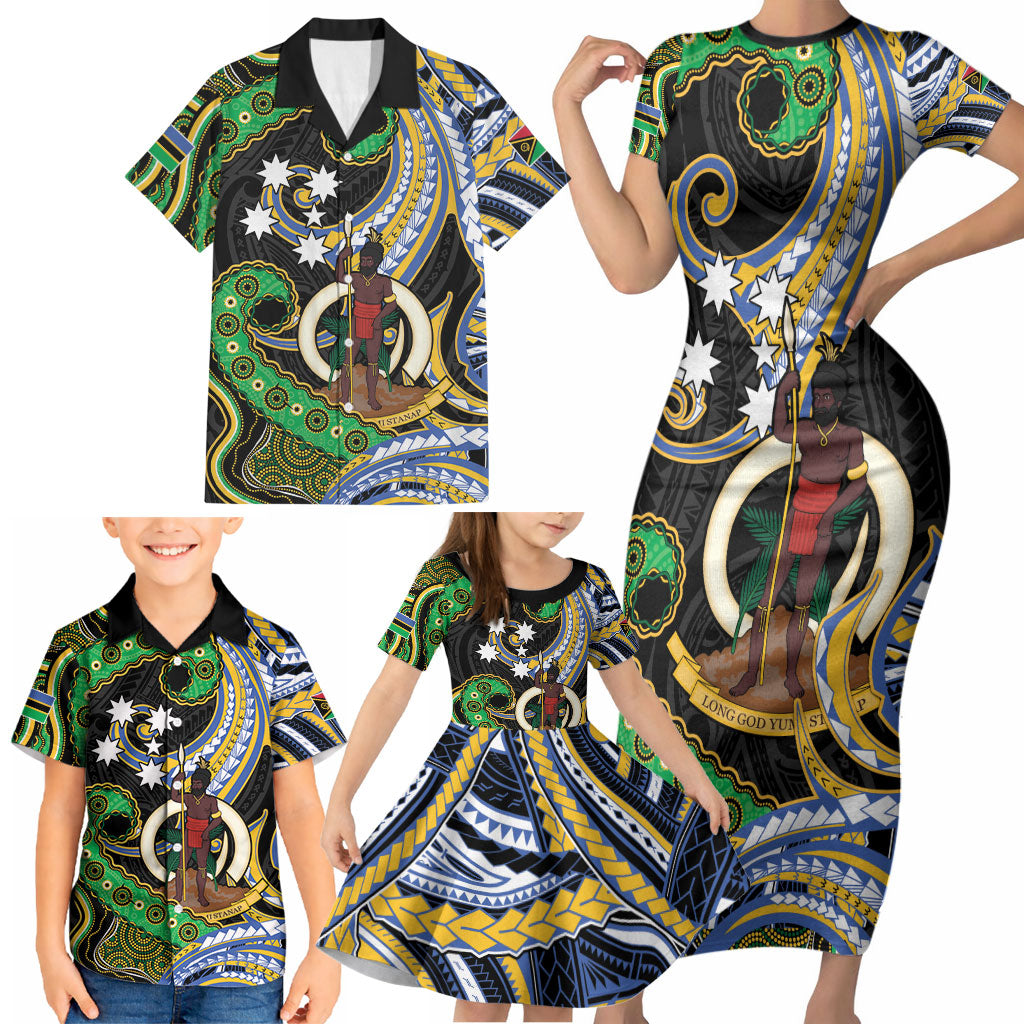 South Sea Islanders And Vanuatu Family Matching Short Sleeve Bodycon Dress and Hawaiian Shirt Boar Tusk Warrior Southern Tribal Pattern
