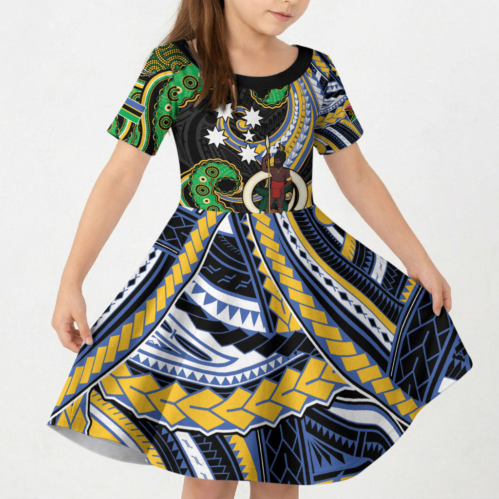 South Sea Islanders And Vanuatu Kid Short Sleeve Dress Boar Tusk Warrior Southern Tribal Pattern