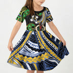 South Sea Islanders And Vanuatu Kid Short Sleeve Dress Boar Tusk Warrior Southern Tribal Pattern