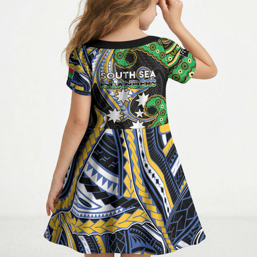 South Sea Islanders And Vanuatu Kid Short Sleeve Dress Boar Tusk Warrior Southern Tribal Pattern