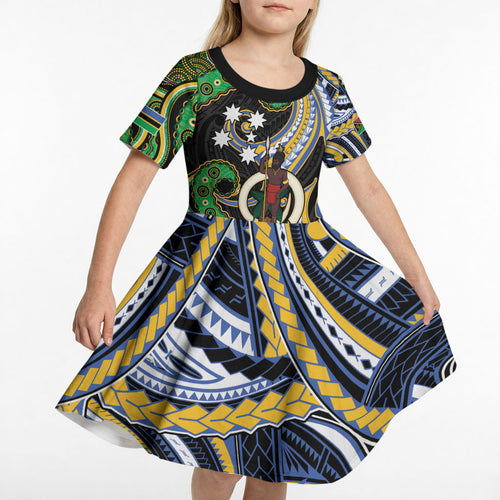 South Sea Islanders And Vanuatu Kid Short Sleeve Dress Boar Tusk Warrior Southern Tribal Pattern
