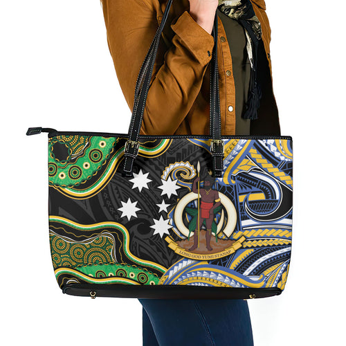South Sea Islanders And Vanuatu Leather Tote Bag Boar Tusk Warrior Southern Tribal Pattern