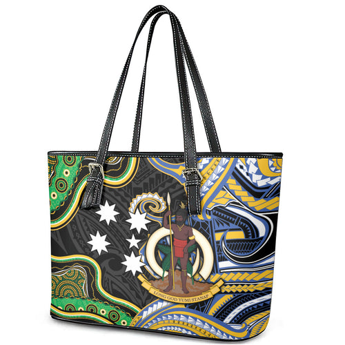 South Sea Islanders And Vanuatu Leather Tote Bag Boar Tusk Warrior Southern Tribal Pattern