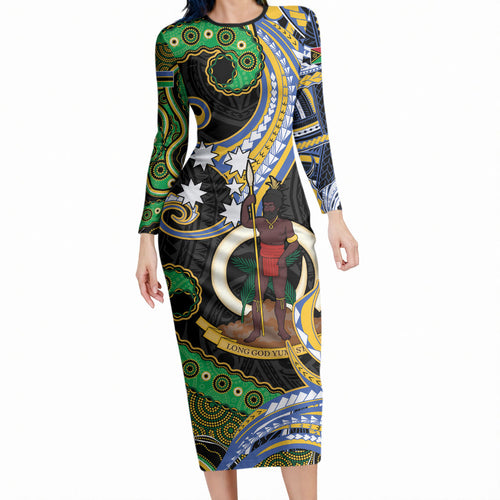 South Sea Islanders And Vanuatu Long Sleeve Bodycon Dress Boar Tusk Warrior Southern Tribal Pattern