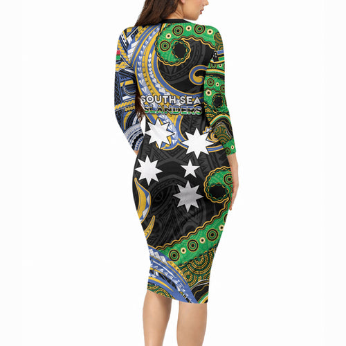 South Sea Islanders And Vanuatu Long Sleeve Bodycon Dress Boar Tusk Warrior Southern Tribal Pattern