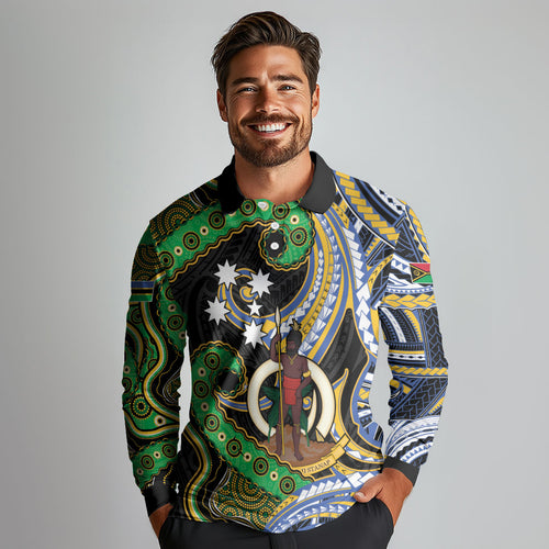 South Sea Islanders And Vanuatu Long Sleeve Polo Shirt Boar Tusk Warrior Southern Tribal Pattern