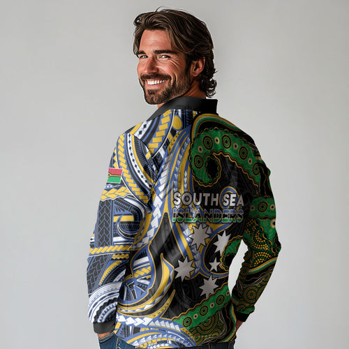 South Sea Islanders And Vanuatu Long Sleeve Polo Shirt Boar Tusk Warrior Southern Tribal Pattern