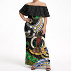South Sea Islanders And Vanuatu Off Shoulder Maxi Dress Boar Tusk Warrior Southern Tribal Pattern