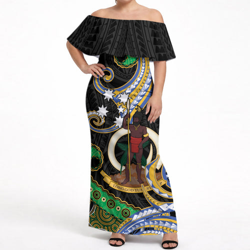 South Sea Islanders And Vanuatu Off Shoulder Maxi Dress Boar Tusk Warrior Southern Tribal Pattern