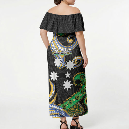 South Sea Islanders And Vanuatu Off Shoulder Maxi Dress Boar Tusk Warrior Southern Tribal Pattern