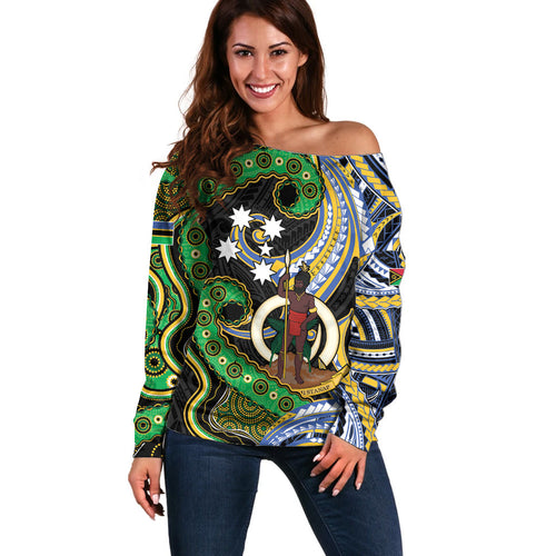 South Sea Islanders And Vanuatu Off Shoulder Sweater Boar Tusk Warrior Southern Tribal Pattern