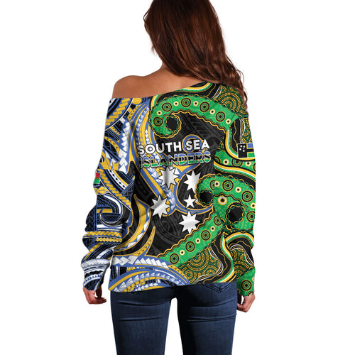 South Sea Islanders And Vanuatu Off Shoulder Sweater Boar Tusk Warrior Southern Tribal Pattern