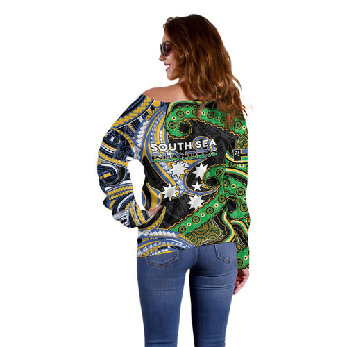 South Sea Islanders And Vanuatu Off Shoulder Sweater Boar Tusk Warrior Southern Tribal Pattern