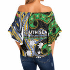 South Sea Islanders And Vanuatu Off Shoulder Wrap Waist Top Boar Tusk Warrior Southern Tribal Pattern