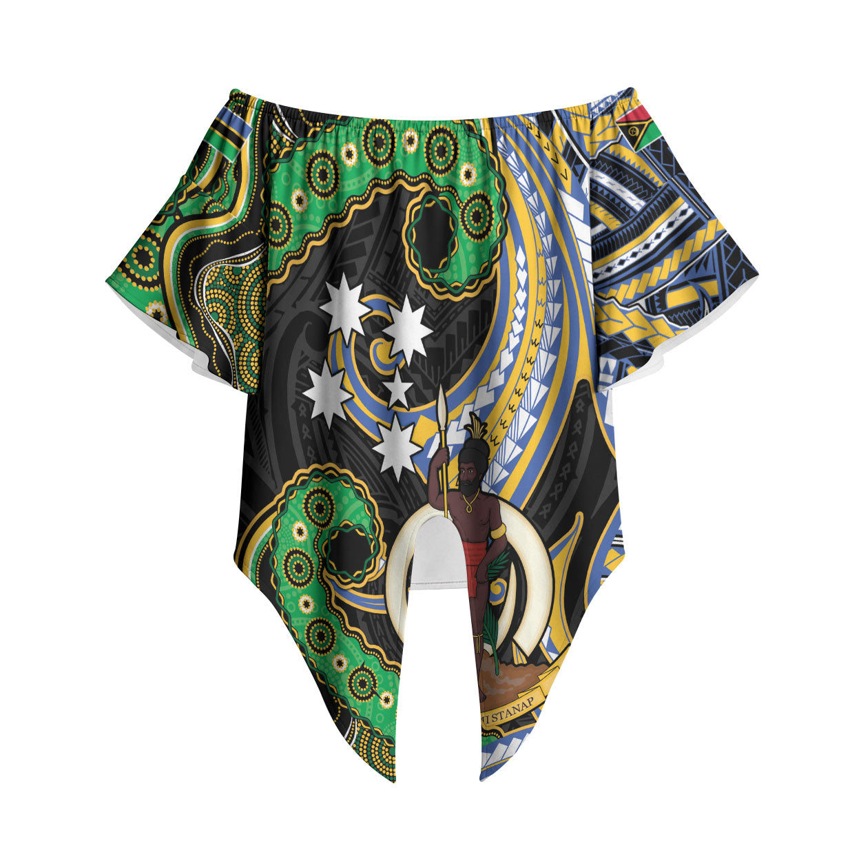 South Sea Islanders And Vanuatu Off Shoulder Wrap Waist Top Boar Tusk Warrior Southern Tribal Pattern