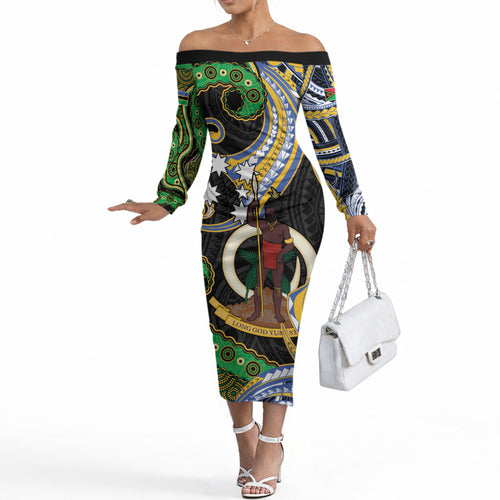 South Sea Islanders And Vanuatu Off The Shoulder Long Sleeve Dress Boar Tusk Warrior Southern Tribal Pattern